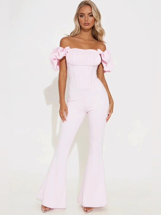 Fashion Nova Pants - Fashion Nova Pink Off-Shoulder Puff Sleeve Jumpsuit